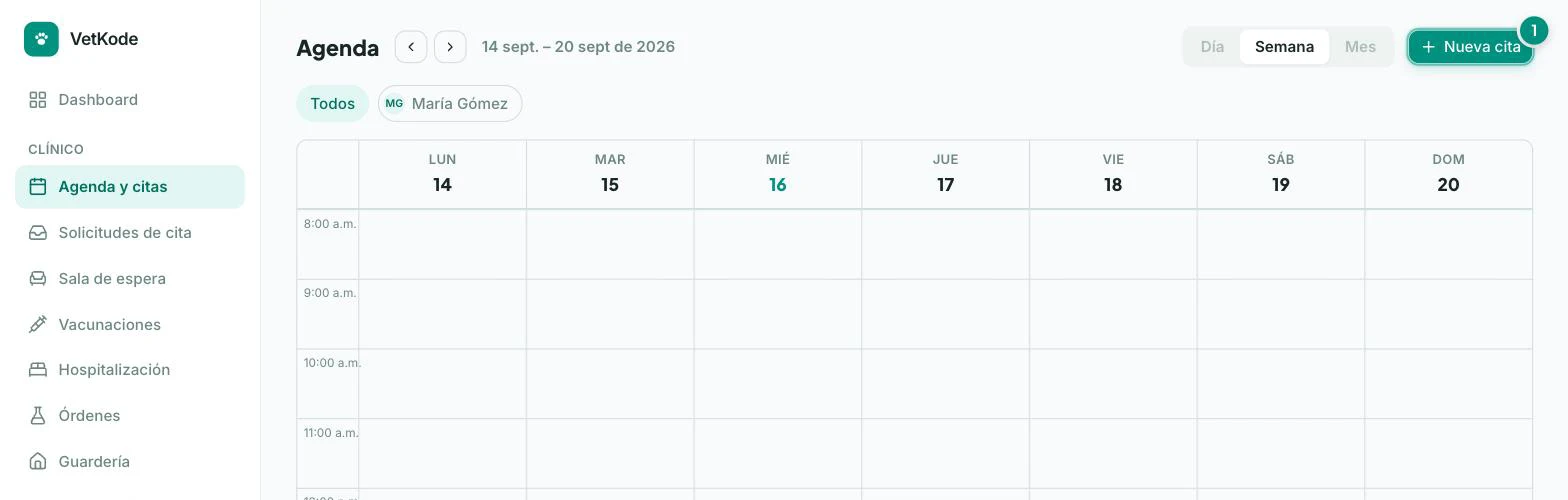 Vista semanal de la agenda con el botón Nueva cita resaltado