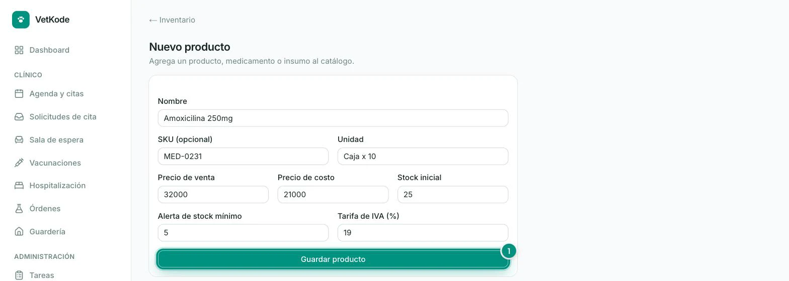Formulario de nuevo producto con nombre, unidad, precios y stock diligenciados