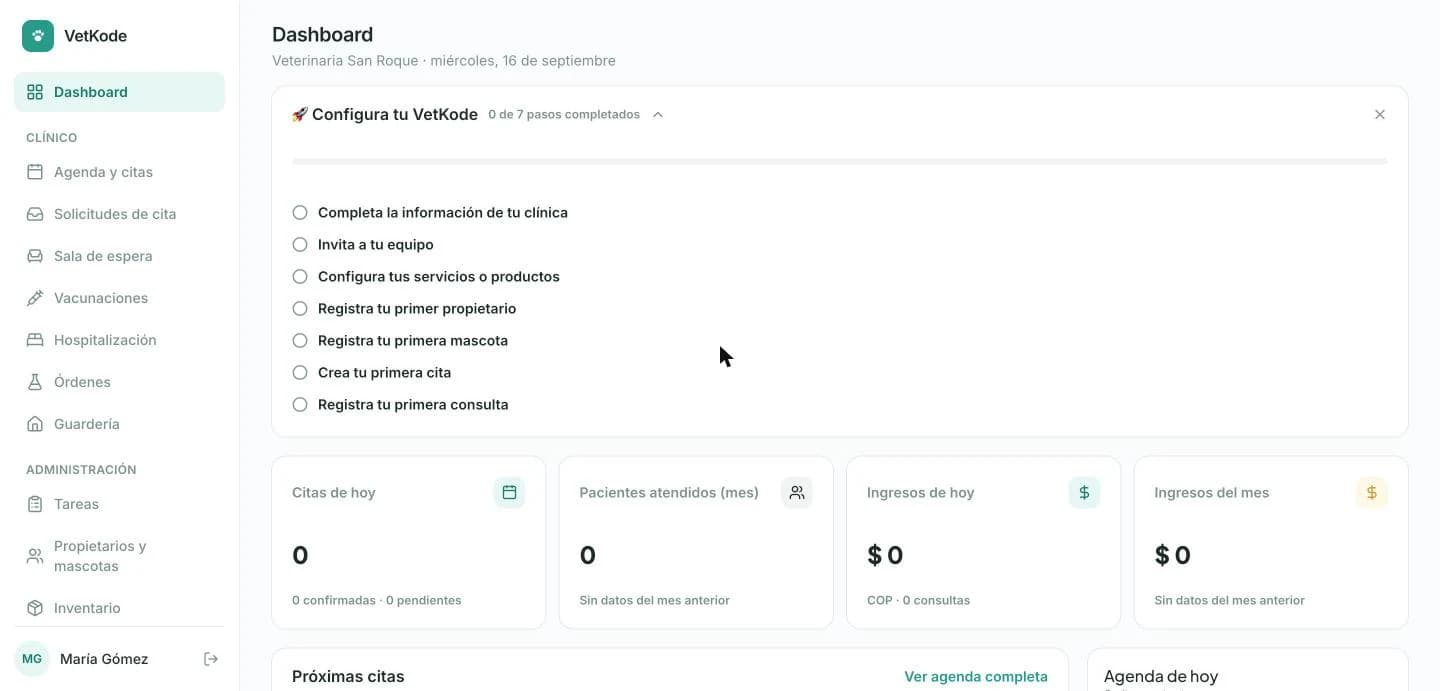 Dashboard de VetKode recién registrado, mostrando el checklist de onboarding con 0 de 7 pasos completados