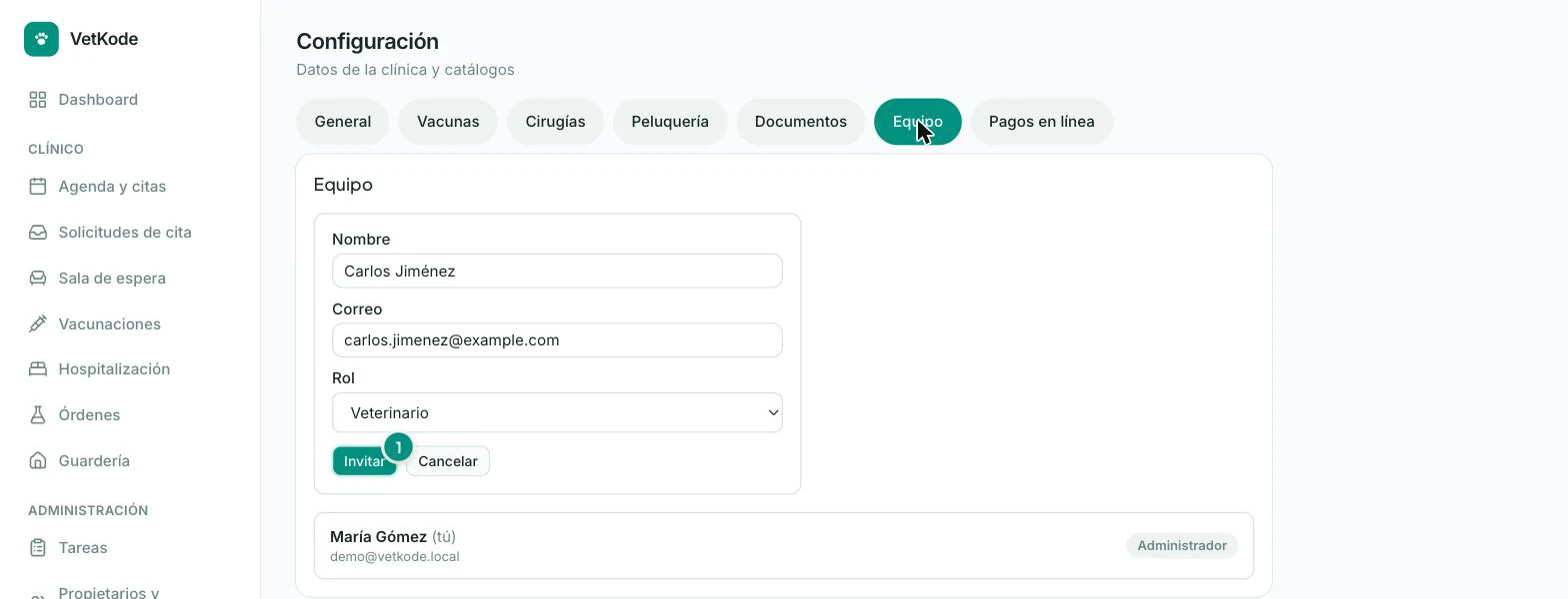 Formulario de invitar personal con nombre, correo y rol de veterinario