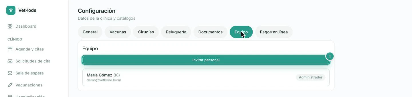 Pestaña Equipo de Configuración con el botón Invitar personal