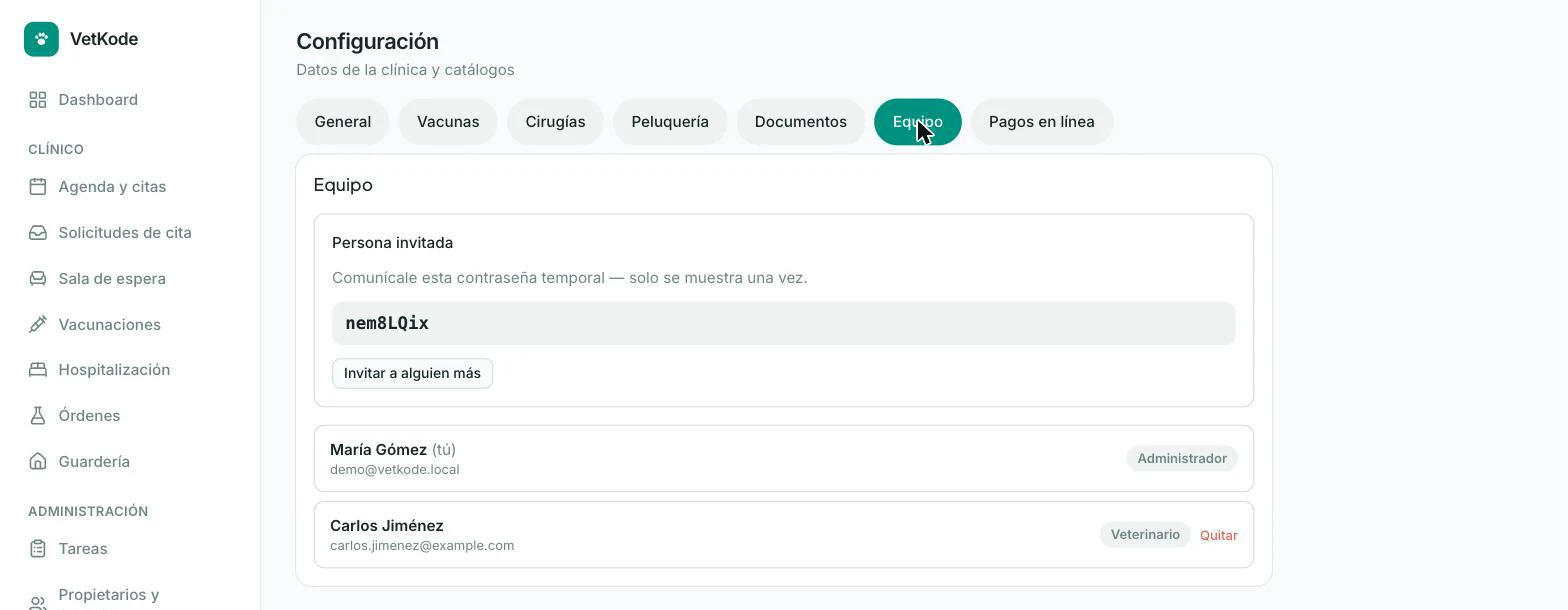 Confirmación de persona invitada con la contraseña temporal y la lista de equipo actualizada