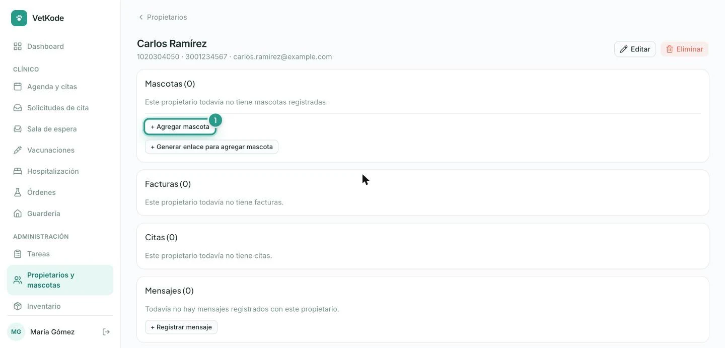 Ficha del propietario con el botón + Agregar mascota resaltado