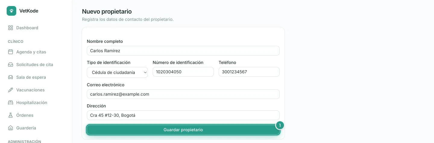Formulario de nuevo propietario completo con el botón Guardar propietario resaltado